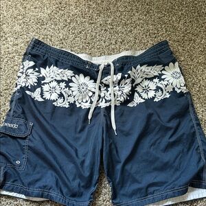 Y2K Speedo Men's Navy and White Floral Swim Board Shorts